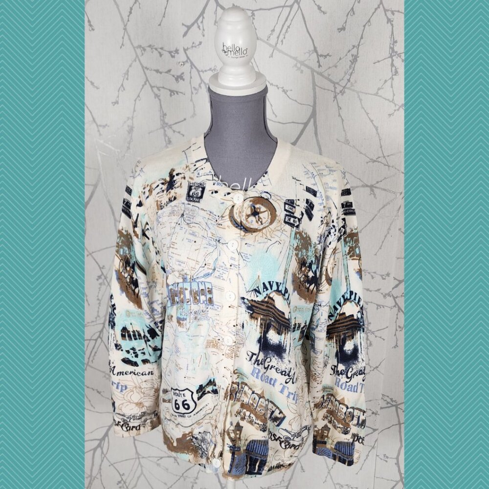 Tradition Abstract Travel Theme Printed 100% Cotton Knit Button Cardigan